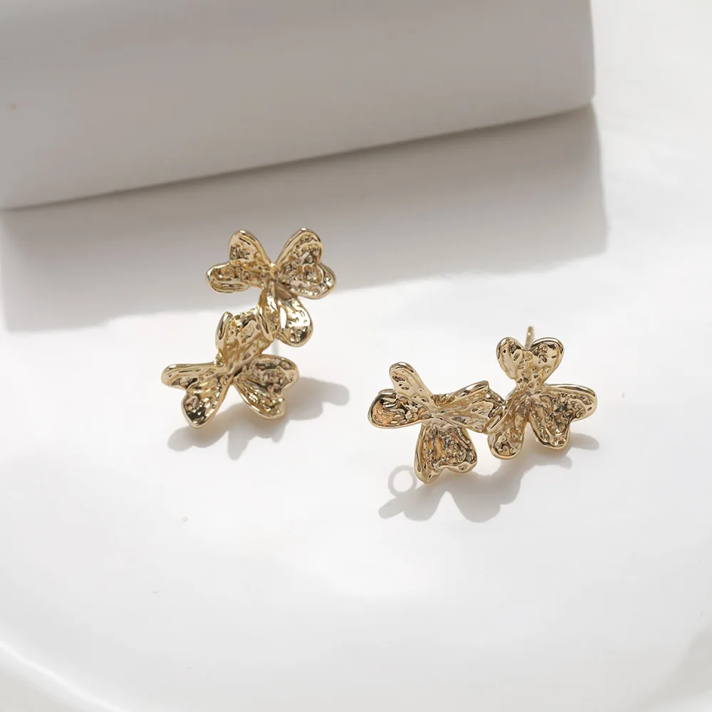 2PCS 14K Gold Plated Brass Double Flower Ear Studs Earrings DIY Making Supplies Jewelry Accessories