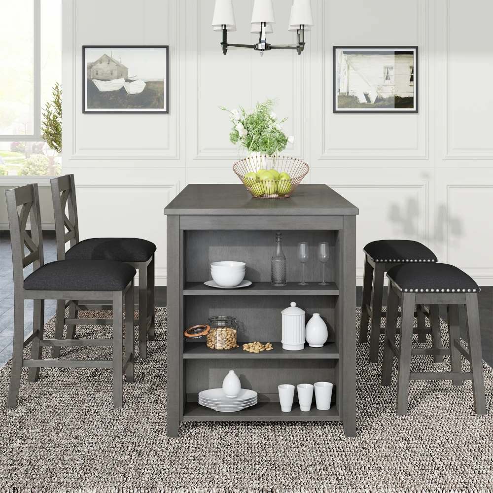 

5 Pieces Counter Height Rustic Farmhouse Dining Room Wooden Bar Table Set with 2 stools and 2 Chairs, Gray