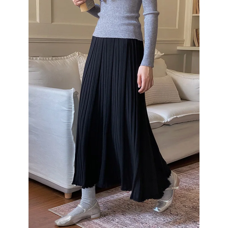 Slergiri Gonna lunga lavorata a maglia con orlo in nappa Moda donna Nuovo 2025 Autunno Inverno Tinta unita a vita alta Gonne a pieghe da donna dolci