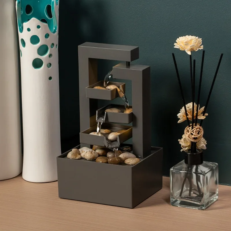 Multi Tier Overflow Water Flow Desktop Frame Ornament Pebble Filled Bottom Basin Entryway Small Tabletop Water Scene Decor Craft