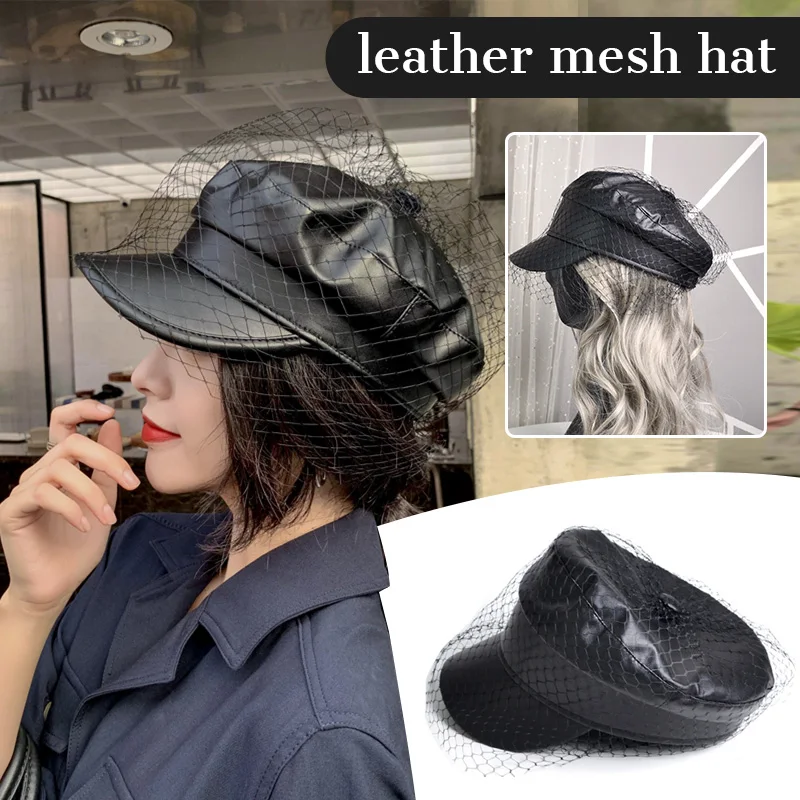 Luxury Designer PU Leather Hat For Women Fashion Black Mesh Veil Caps Sailor Hats With Mesh Artistic Temperament Painter Hat