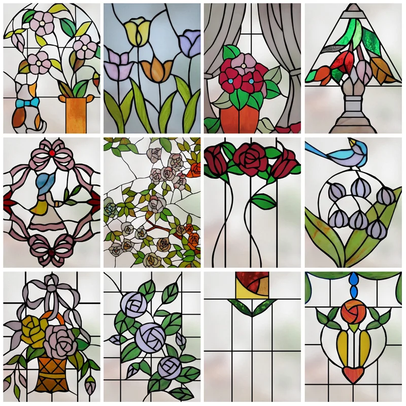 Custom Size Static Cling Rose Flower Stained Glass Window Film Decorative Privacy Vinyl Art Glass Sticker for Home Office Decor