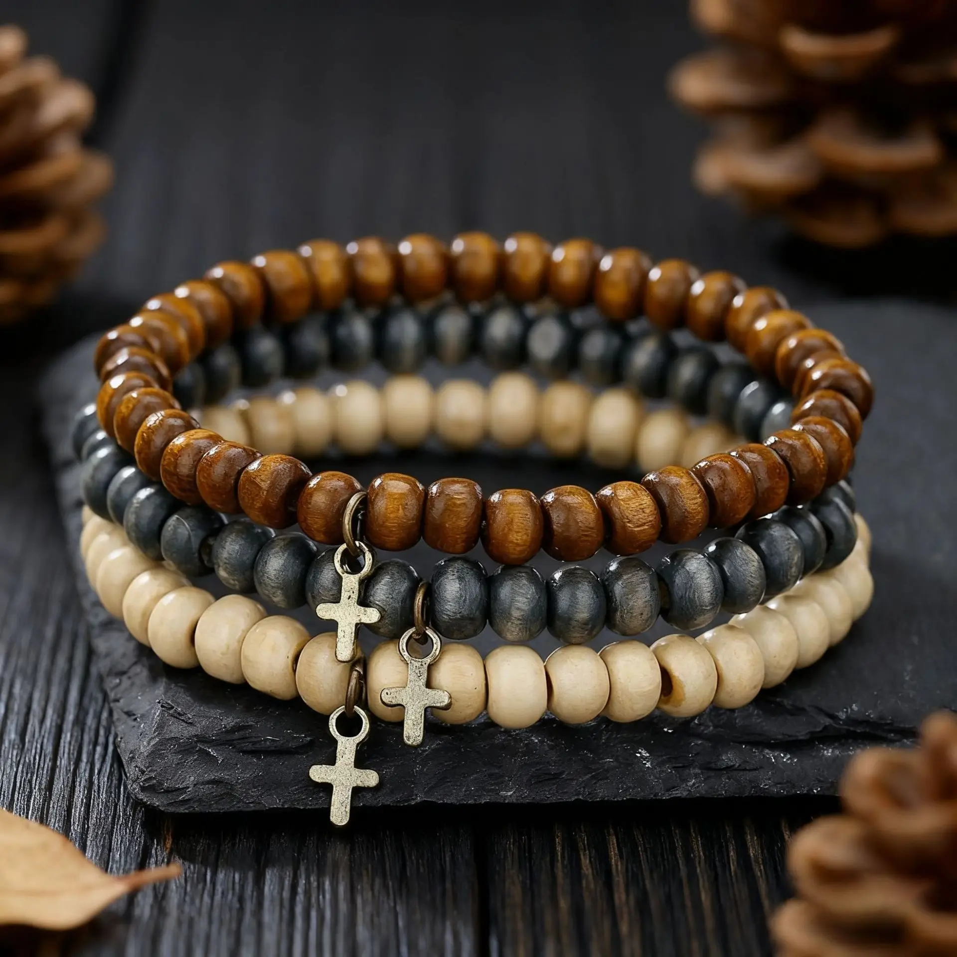 Wood Beaded Bracelet for Men, Handmade Stackable Boho Beaded Wristband, Ethnic Style Layered Bracelet for Daily Wear