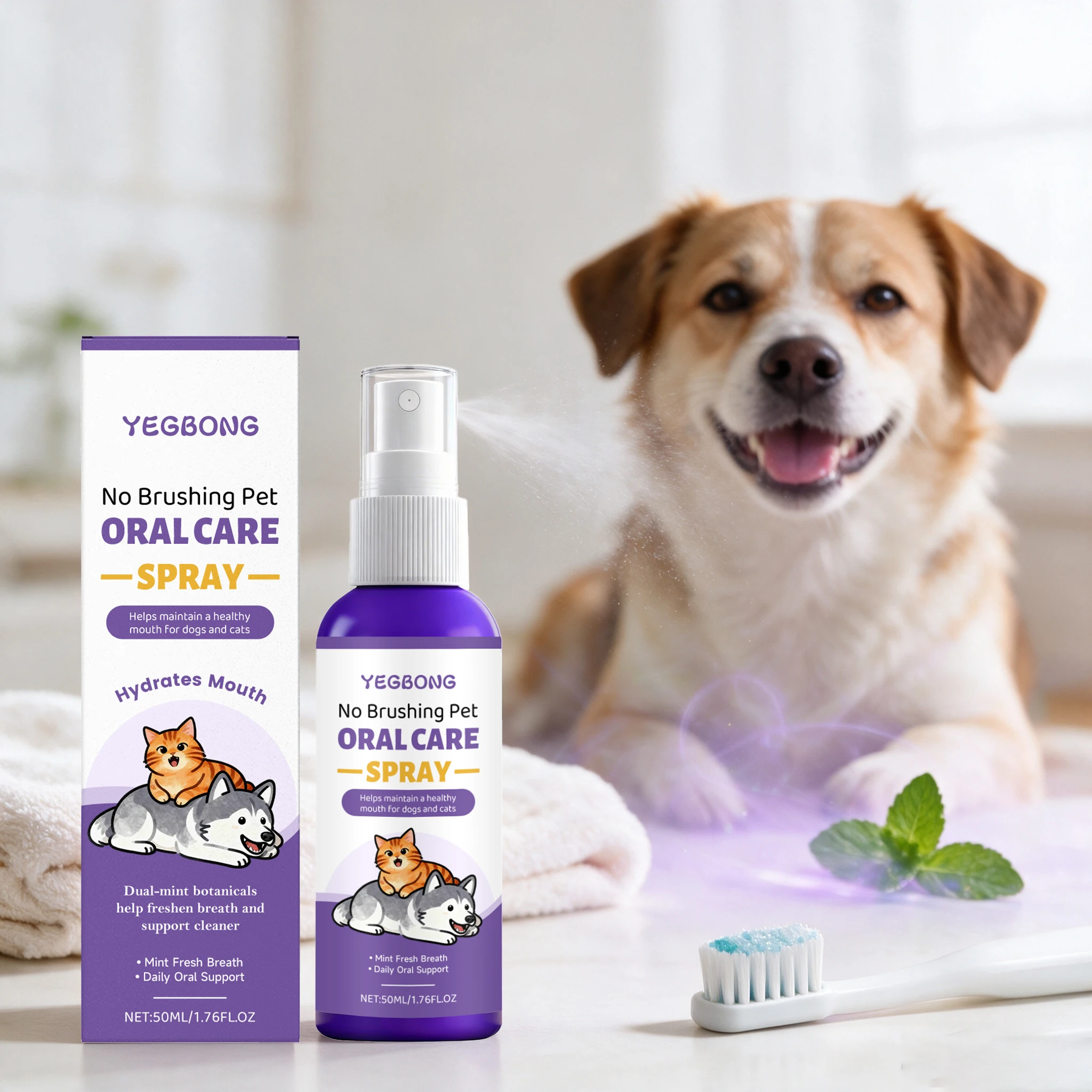 50ML Mint Pet Oral Care Spray Gentle Cleaning Teeth Stains Prevent Plaque & Tartar Refreshing Breath Natural Pet Dental Spray