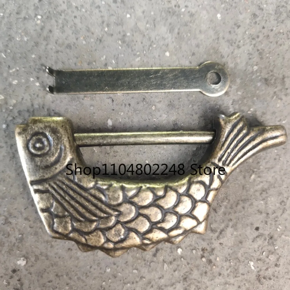 Old Chinese Fish Shaped Brass Padlock Lock & Key statue