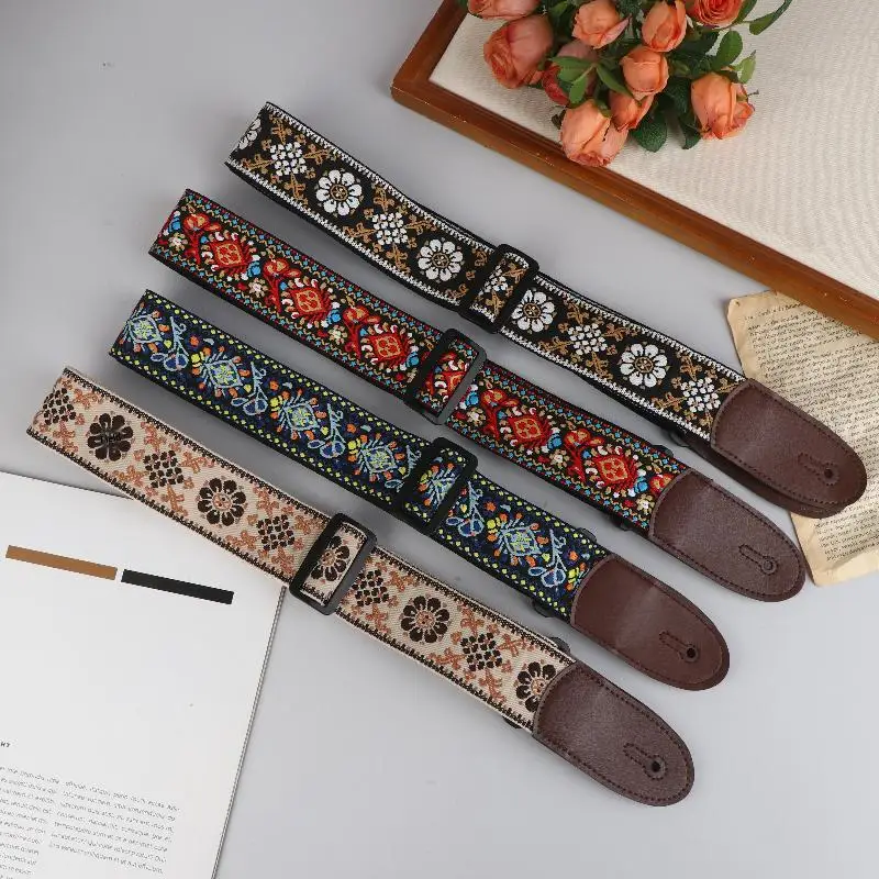 Hot Sale Guitar Strap Bass Cotton Leather Embroidery Straps Adjustable Neck Strap Electric Acoustic Guitar Bass Accessories