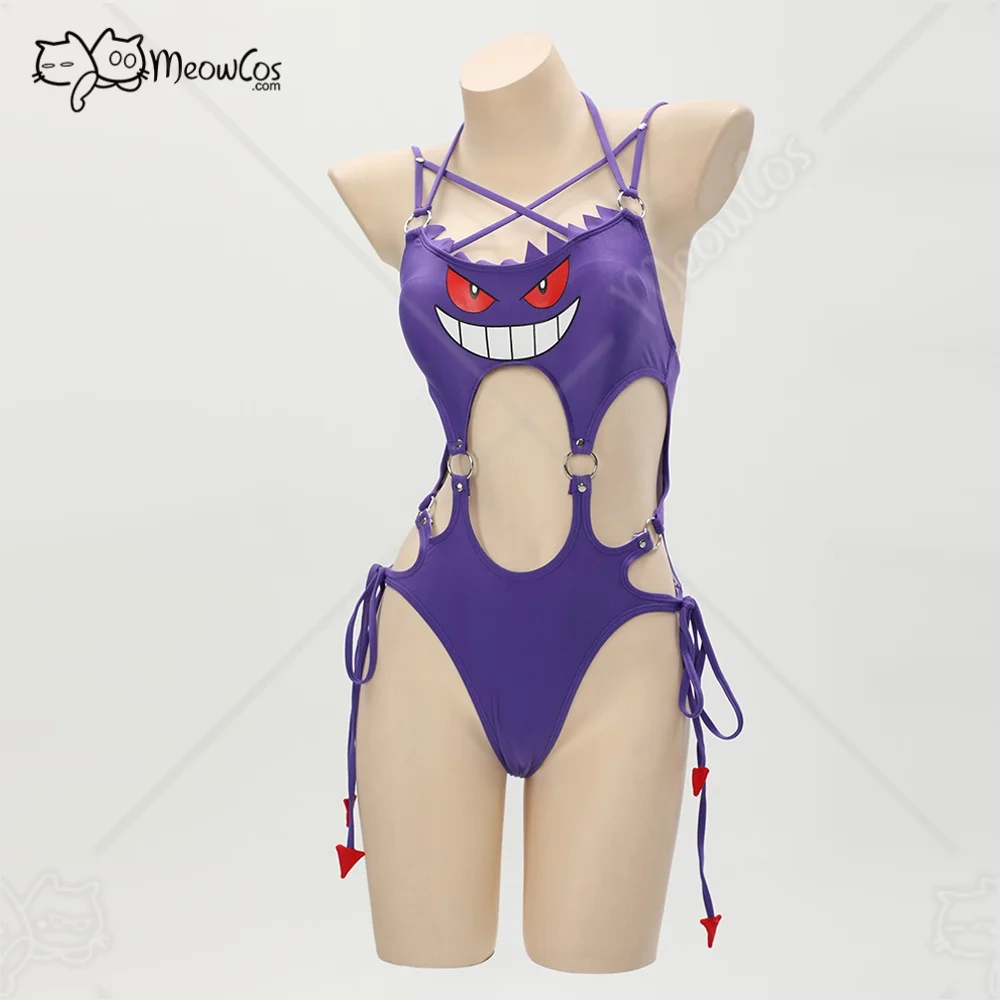 Meowcos Women Gothic Swimwear Purple Ghost Sexy Beachwear Mini Skirt One-Piece Swimsuit with Cover Up