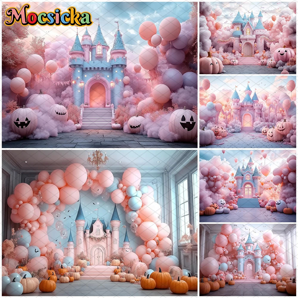 

Mocsicka Halloween Photo Background Shooting Props Pink Castle Balloon Pumpkin Party Decor Photography Backdrop Studio Wallpaper