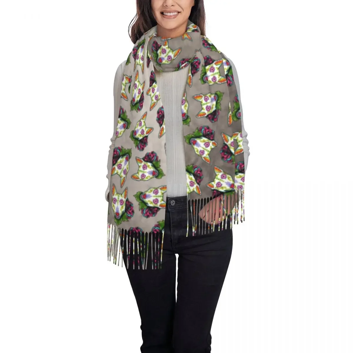 Custom Printed Bull Terrier Scarf Men Women Winter Fall Warm Scarves Day of the Dead Sugar Skull Dog Flowers Shawls Wraps