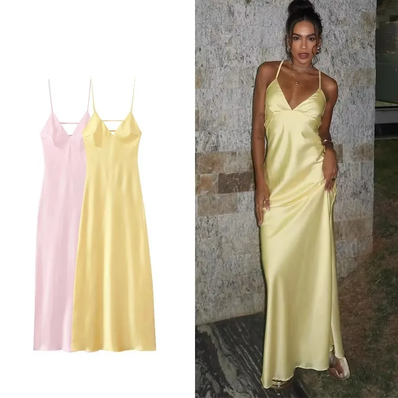 Vestido largo de satén amarillo para mujer, elegante, Sexy, ajustado, con cuello en V, tirantes sin espalda, vestidos por debajo de la rodilla, novedad de 2025, vestido de fiesta en la playa para vacaciones de verano