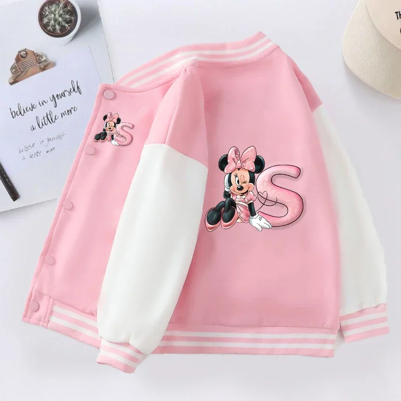 Disney Minnie Mouse Baby Girl Coats Cartoon Letter A-Z Baseball Jacket for Kid Sweatshirt Children Windbreaker Outerwear Clothes