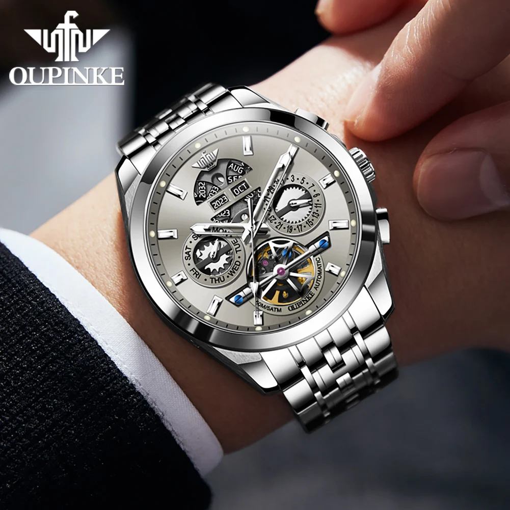 OUPINKE Top Luxury Brand Men Watch Luminous Fully Automatic Mechanical Watch Year Month Calendar Week Sapphire Male Wristwatch