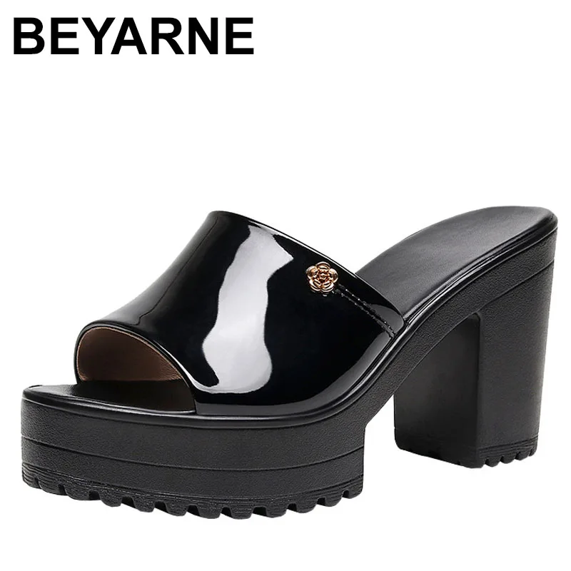 

10cm Small Size 32-43 Elegant Bright Leather Slippers Platform Shoes Summer Block High Heels Slides Office Model