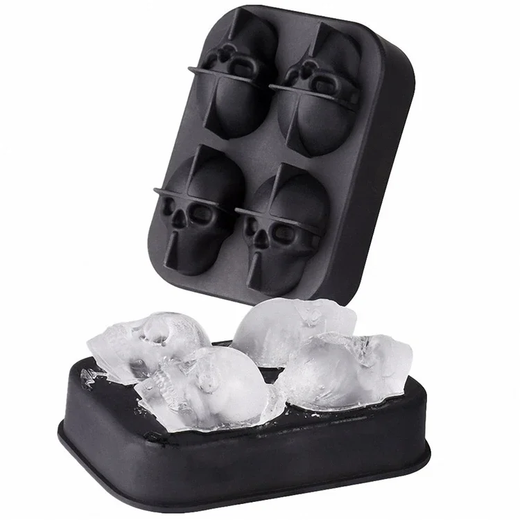 3D 4-Hohl-Eiswürfel für & Cremetablett, Party-Eiswürfelform, Eisform, Totenkopf-Eiswürfelform, Silikon-Eismaschine-Formen mit Trichter,