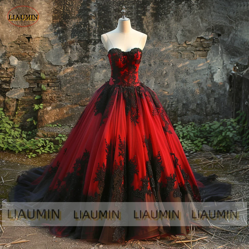 Vestido de baile sin tirantes con apliques de tul rojo y negro, vestido Formal con cuentas para graduación, boda, fiesta de noche, ropa con cordones en la espalda, A1-17.12