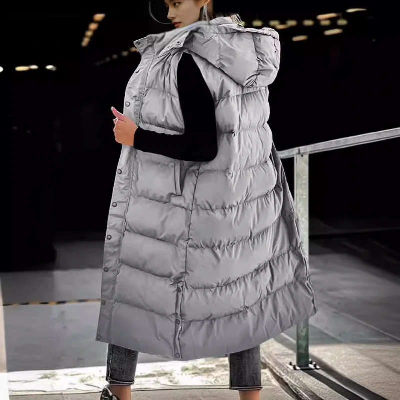 

Women Solid Sleeveless Parkas Vest Long Jackets Thick Hooded Casual Zipper Vests Office Lady Parka Warm Pockets Winter 2025