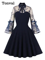 Tonval Turn-Down Collar Mesh 3/4 Length Sleeve Elegant Navy Blue Dresses for Women Evening Party Vintage Style Mini Dress