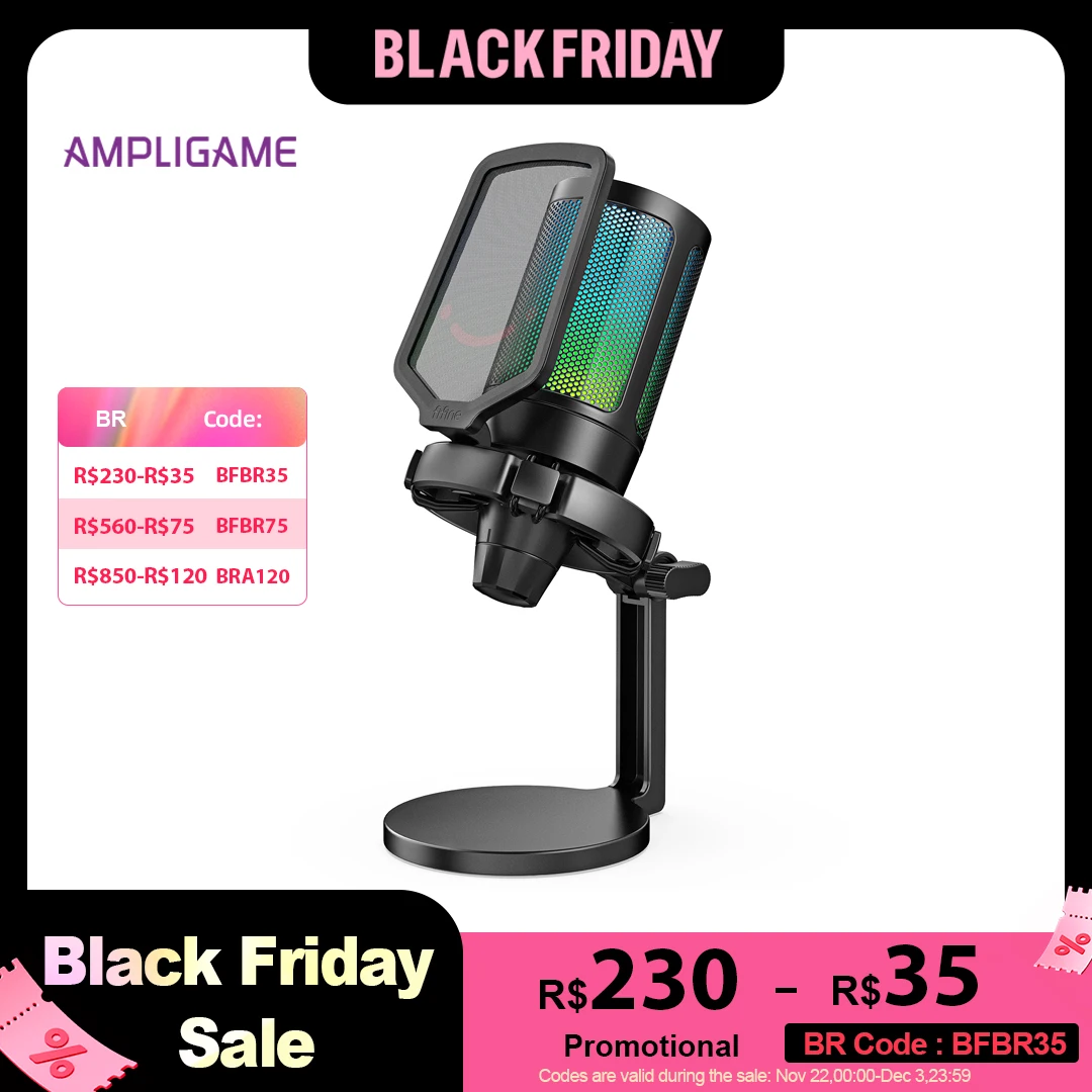 AmpliGame USB Gaming Microphone with RGB,Gain Knob,Touch Mute,Streaming Podcasting Condenser Mic for PC,Switch,PS5-A6NEO