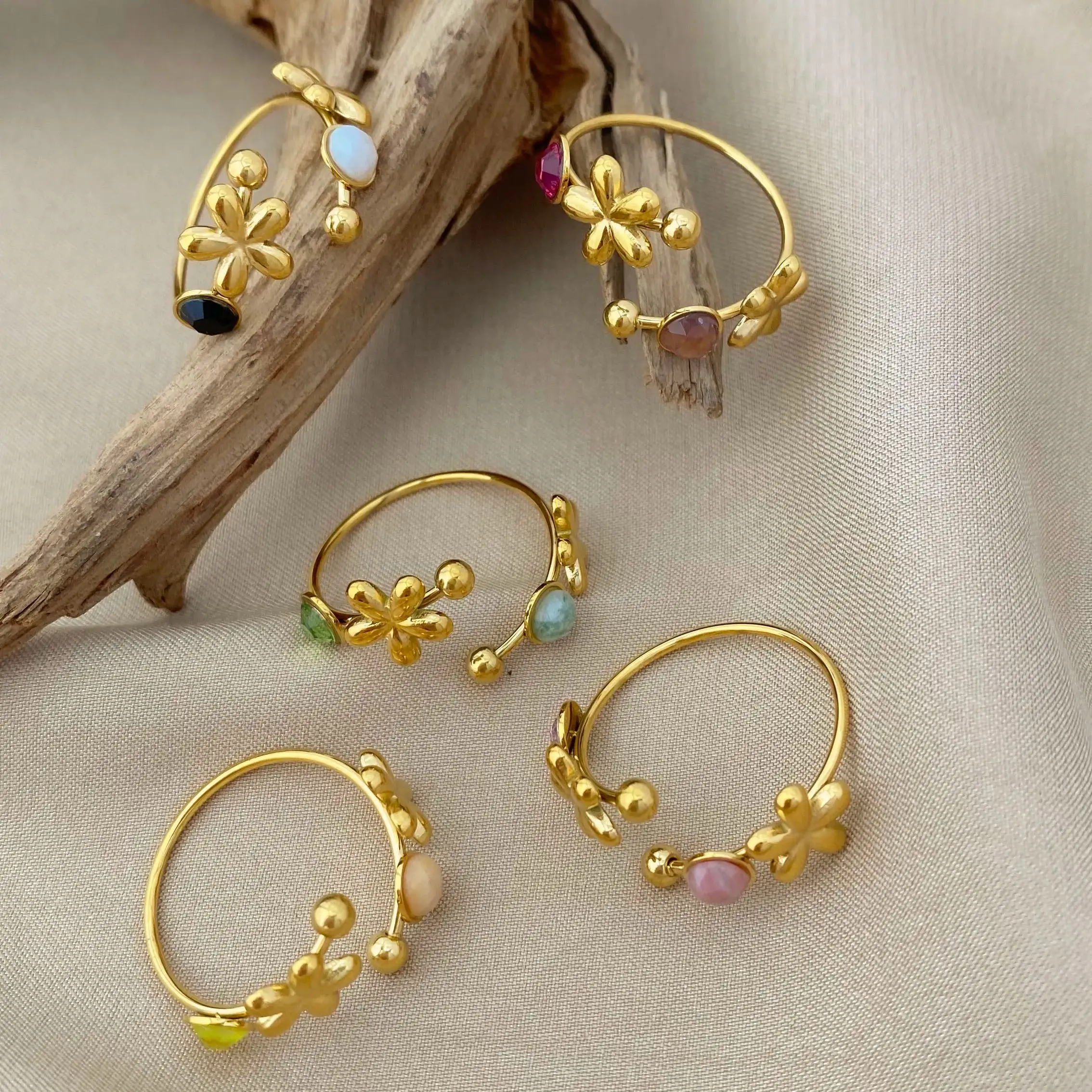 Neue Ankunft Edelstahl Blume Naturstein Ring Trendy Wasserdicht Täglich Offene Einstellbare Ringe für Frauen Schmuck Geschenk