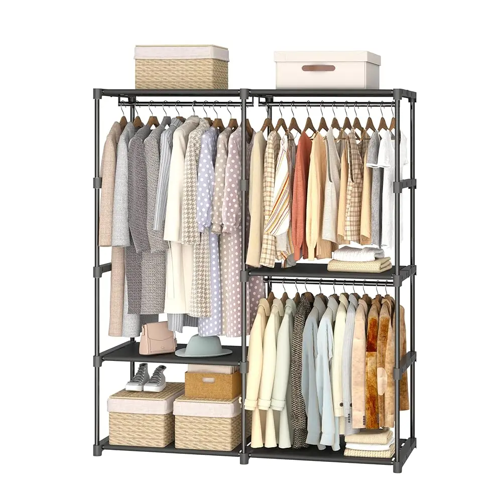 

Portable Closet Wardrobe, 54.5 H Wide Clothing Storage Organizer With 6 Shelves And 3 Hanging Rods, Non-Woven Fabric Cover,