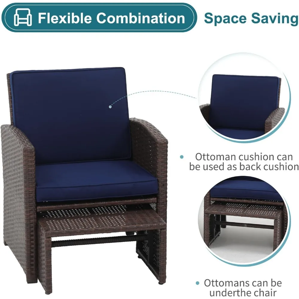 6 Piece Patio Wicker Furniture Set, Balcony All Weather Rattan Chair, with Space Saving Ottoman, Resin Nesting Coffee Table,