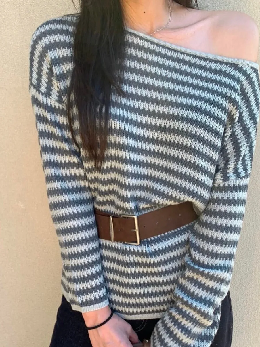 

Chic Striped Knitted Top with Belt Sexy One-oulder Sli Versatile eat Looking Autumn Top for Women Faionable Sweater