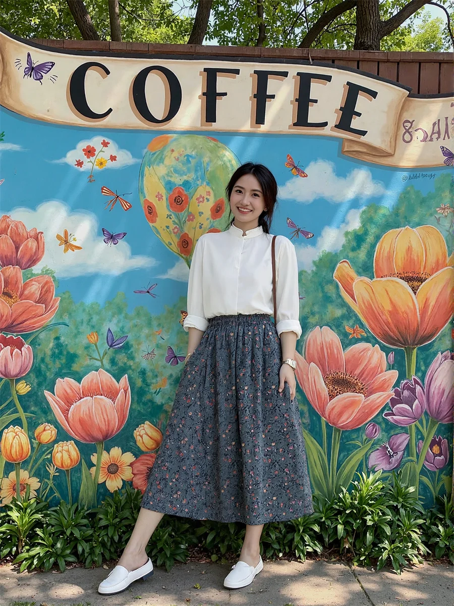 

Midi Floral Printed Skirts Womens Patchwork Tiered Pleated Ruffle Mesh Artistic Modern Chic Elegant College Summer Applique