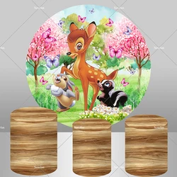 Bambi Round Backdrop Cover Fairy Pink Flower Tree Rabbit Squirrel Girls Baby Shower Birthday Party Backgrond Wood Plinth Covers