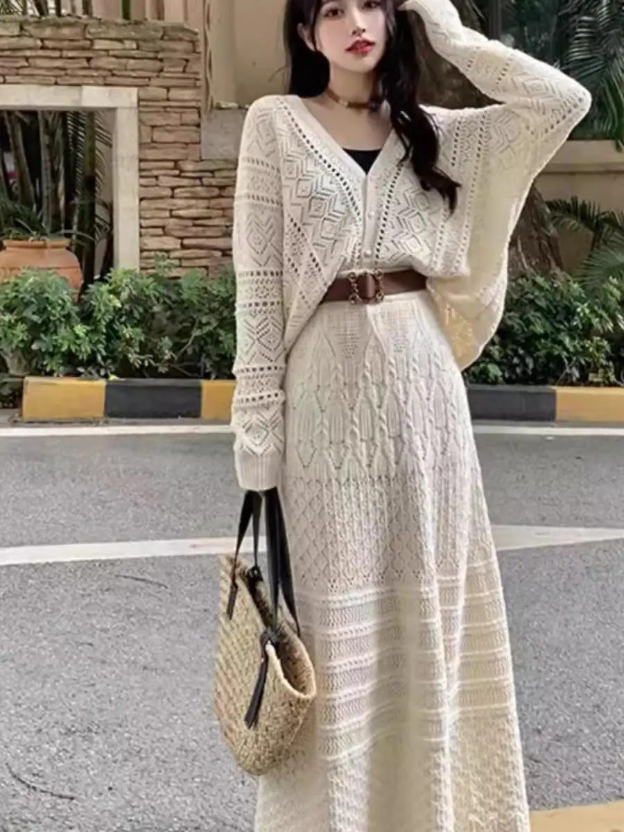 

Fashion Two-piece Sets for Women Single-breasted Slimming Knit Sweater Tops and Skirt Casual Suit Clothing with Belt