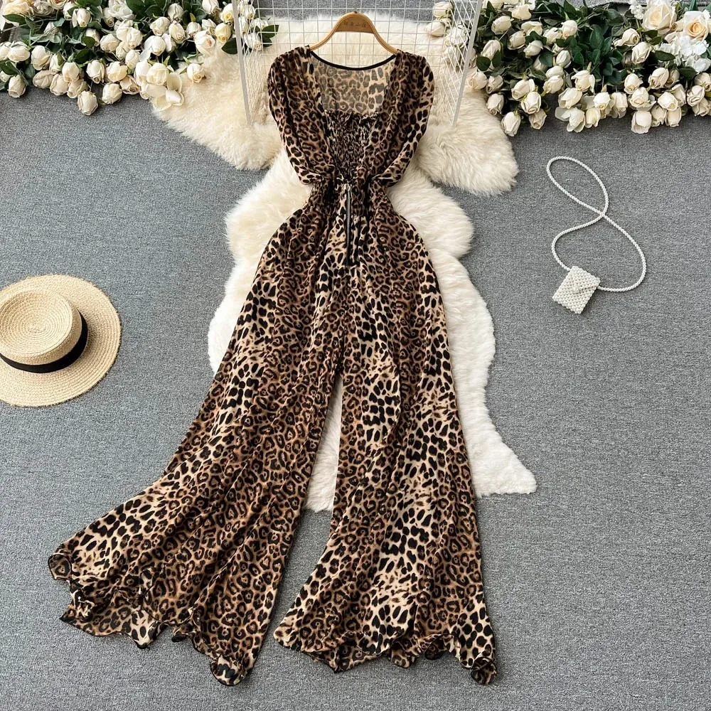 

Chic Leopard Print Jumpsuit Vintage Square Neck Sleeveless High Waist Casual Wide Leg Pants Summer High Street Women Clothing