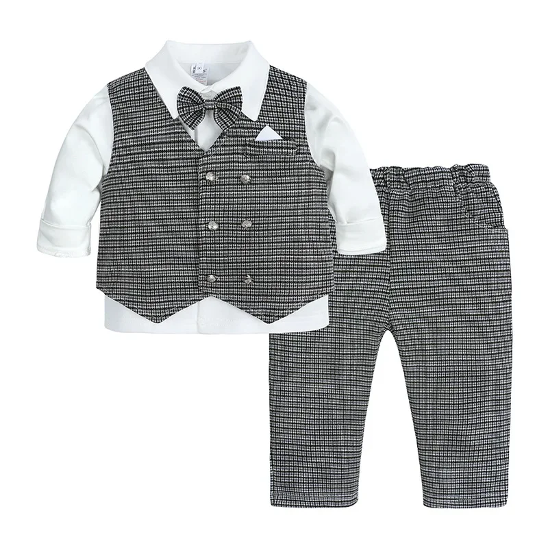 2024 Autumn New Baby Boys Embroidery Vest + Shirt + Trousers 3 Pcs Sets Children's Clothing Baby Gentleman Suit with Bow Tie