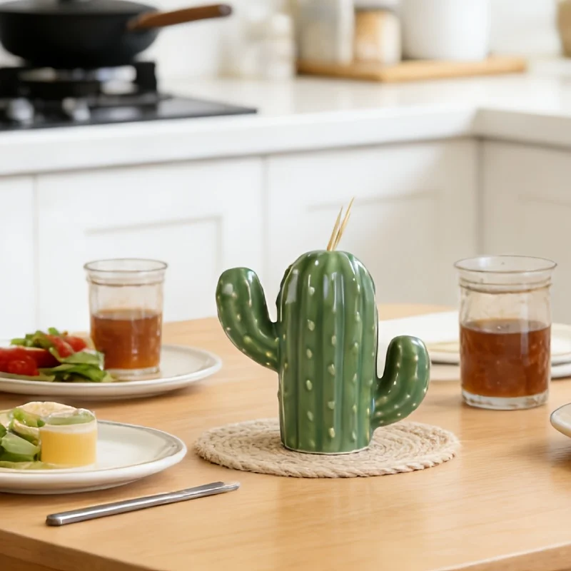 1pc Cute Cactus Toothpick Dispenser - Ceramic Green Cactus Toothpick Holder for Kitchen & Dining Table Decor view 2