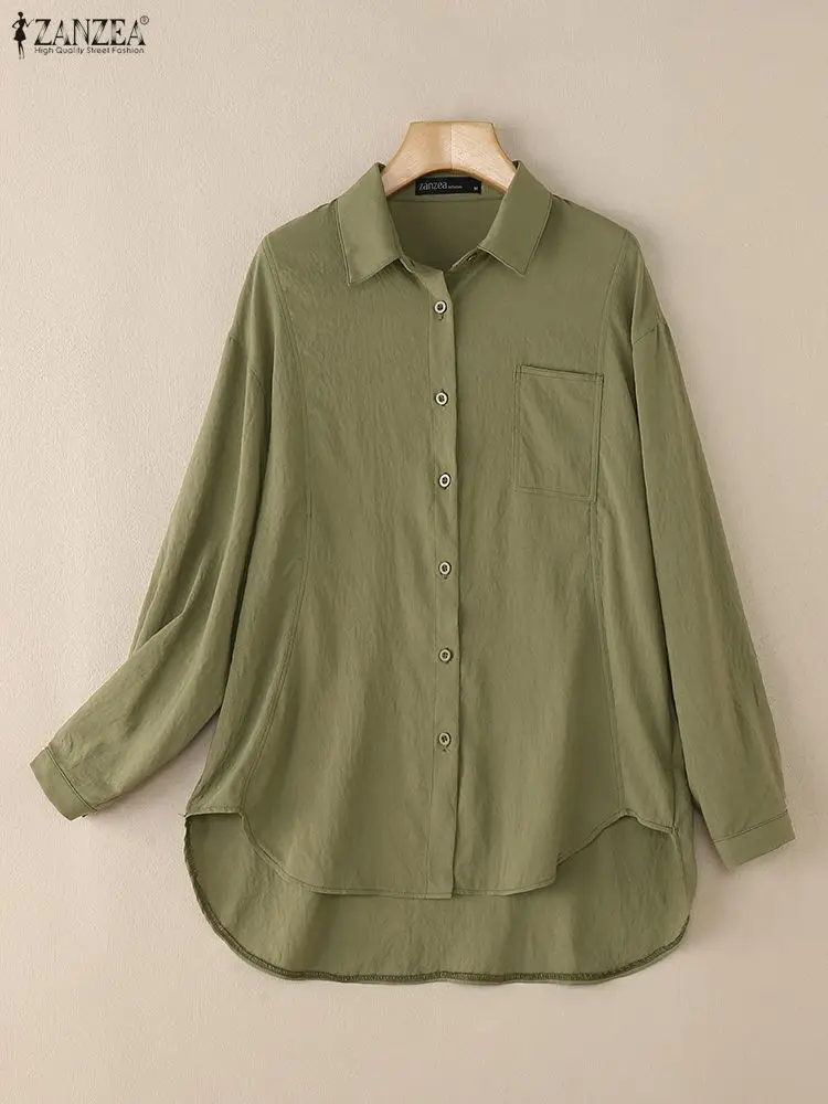 Camisas de mujer de gran tamaño, informal, elegante, de manga larga, con cuello abotonado, camisa de mujer con costura ZANZEA, Tops altos y bajos con dobladillo redondeado detallado