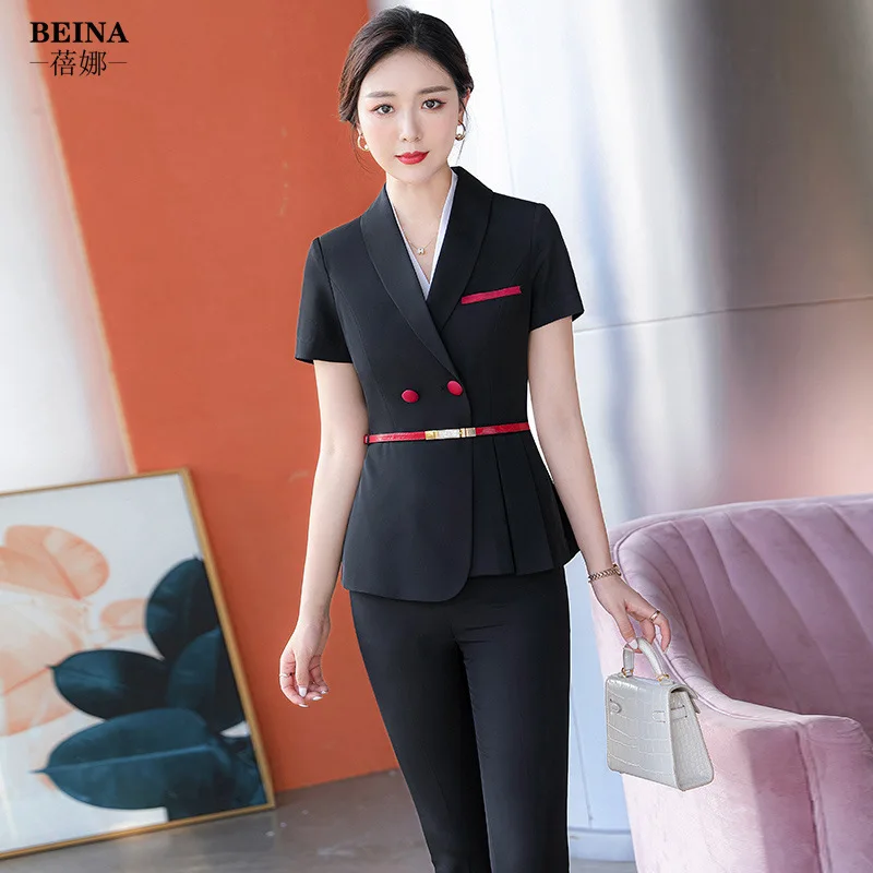 Zdjęcie 5: Profesjonalny garnitur damski letni elegancki z krótkim rękawem, marynarka, sukienka, odzież robocza do salonu kosmetycznego, sklepu z biżuterią, hotelu, na recepcję.