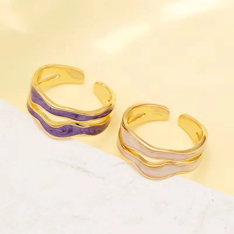 European and American simple 925 silver enamel drop glaze water wave ring women's advanced design sense geometric cold wind ring