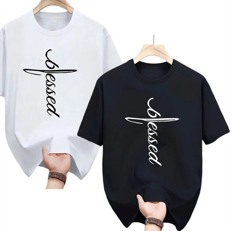 2 Pack Men's Blessed Graphic Print T-Shirts Casual Short Sleeve Crew Neck  Tees Fashion Streetwear Tops for Summer