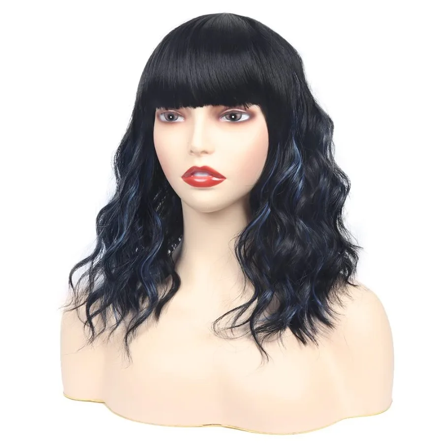 باروكات قصيرة مجعدة مع الانفجارات للنساء 14 بوصة شعر مستعار مموج من الألياف الاصطناعية المقاومة للحرارة للارتداء اليومي كاجوال وF