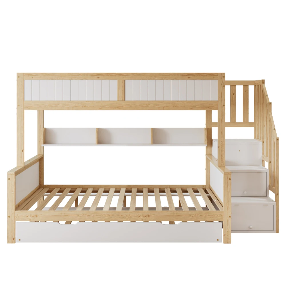 PINGGO Etagenbett 90x200/90x190/120x200cm mit Fallschutzgitter, 3-stöckiges Rollbett mit Kleiderschrank und Eck-Treppe, ohne Matratze – Detail 11