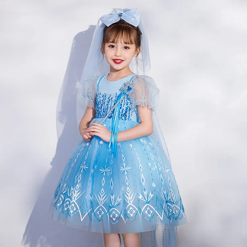 2024 Summer Girls\' Dress New Western Style Dress Girls\' Dress Elsa Princess Clothing Girls\' Dress Beaded Children\'s Clothing