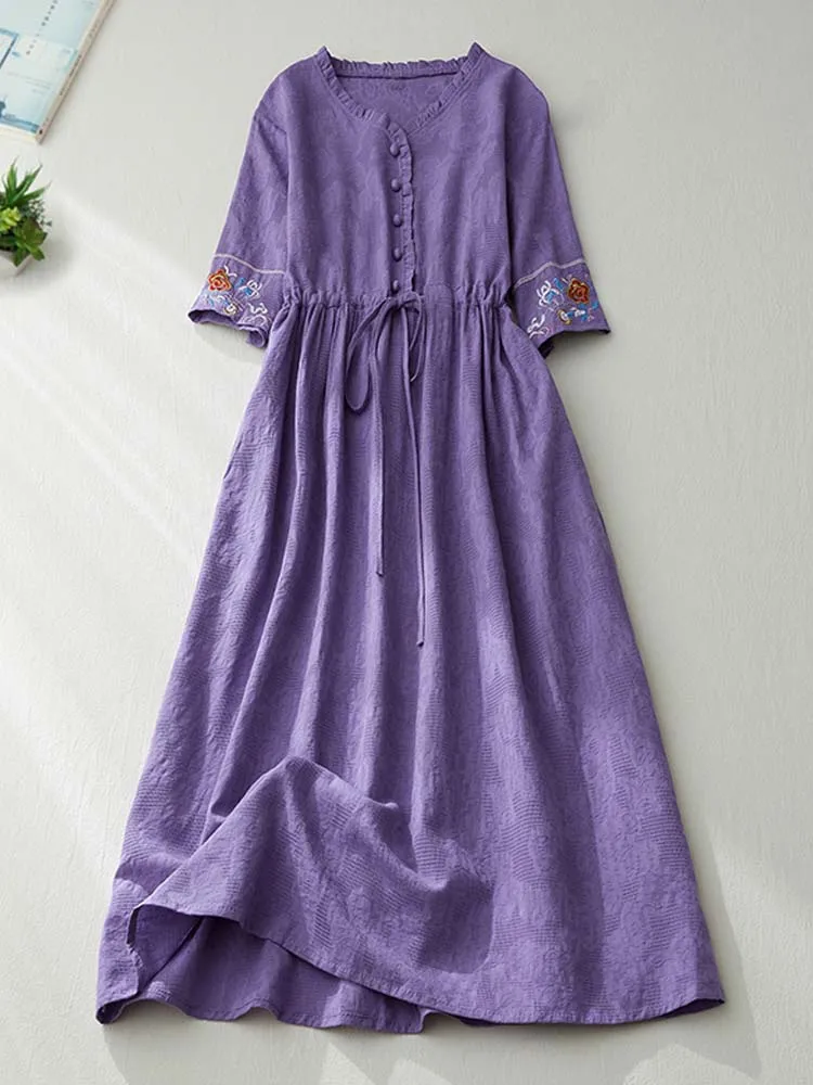 

Summer Indie Folk Jacquard Embroidery Dress V-Neck Ruffled Collar Shirt Dress High Waist Slim Drawstring Midi Dresses for Women