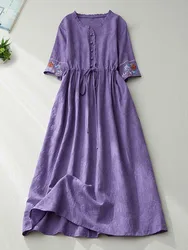 Summer Indie Folk Jacquard Embroidery Dress V-Neck Ruffled Collar Shirt Dress High Waist Slim Drawstring Midi Dresses for Women