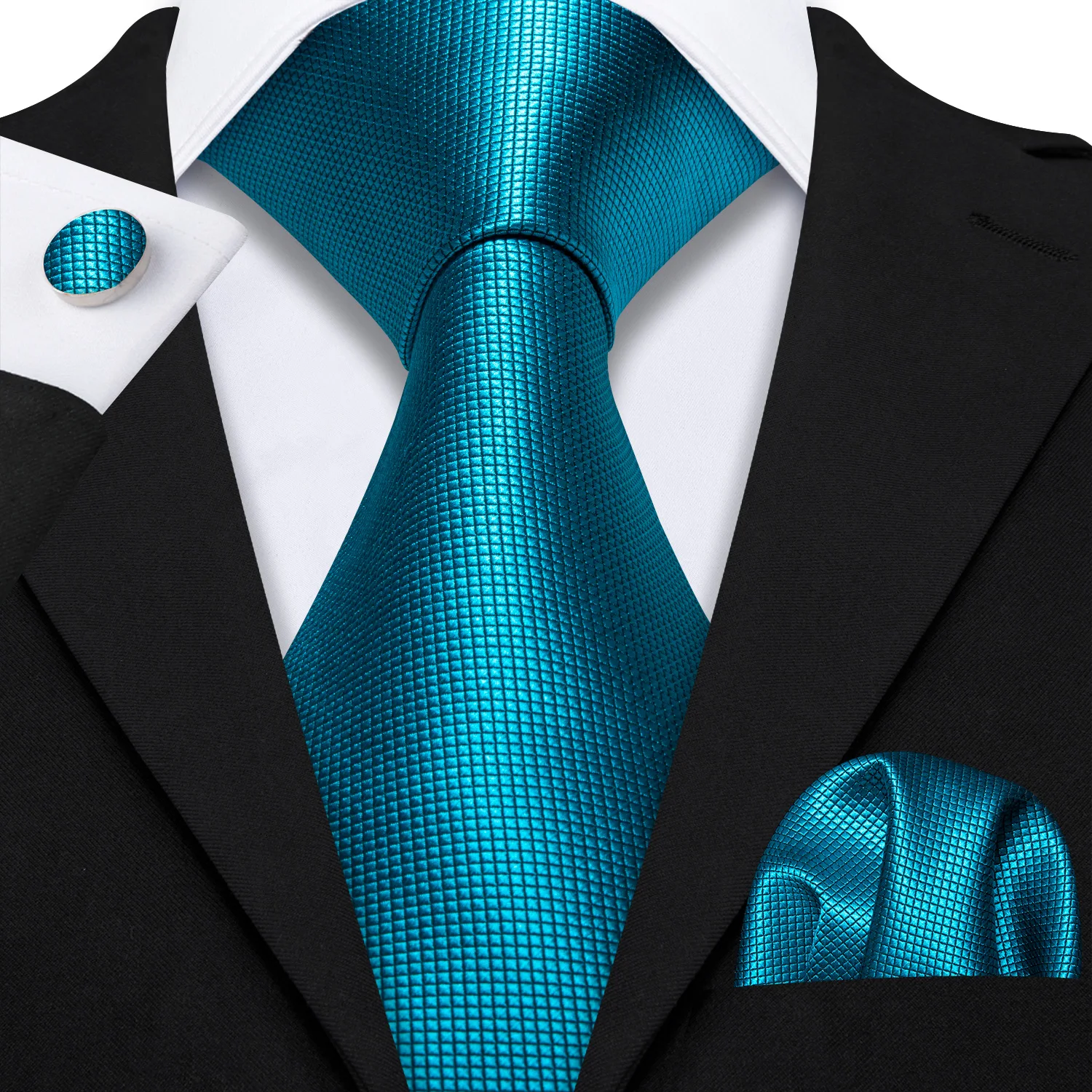 Fashion Teal Men Necktie With Brooch Pocket Square Cufflinks Sets Exquisite Silk Solid Ties Groom Wedding Party Barry.Wang 0221