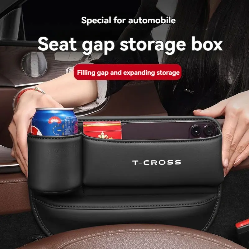 

Leather Car Seat Gap Organizer Crevice Side Storage Box Filler Side Storage Pocket With Cup Holder For VW Volkswagen T-CROSS Car