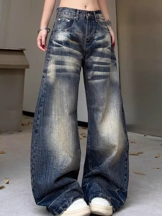 American Retro Wide Leg Knife  Jeans Summer Washed Loose Floor-Length Slimming Long Pants High Waist Casual Wide Leg Jeans
