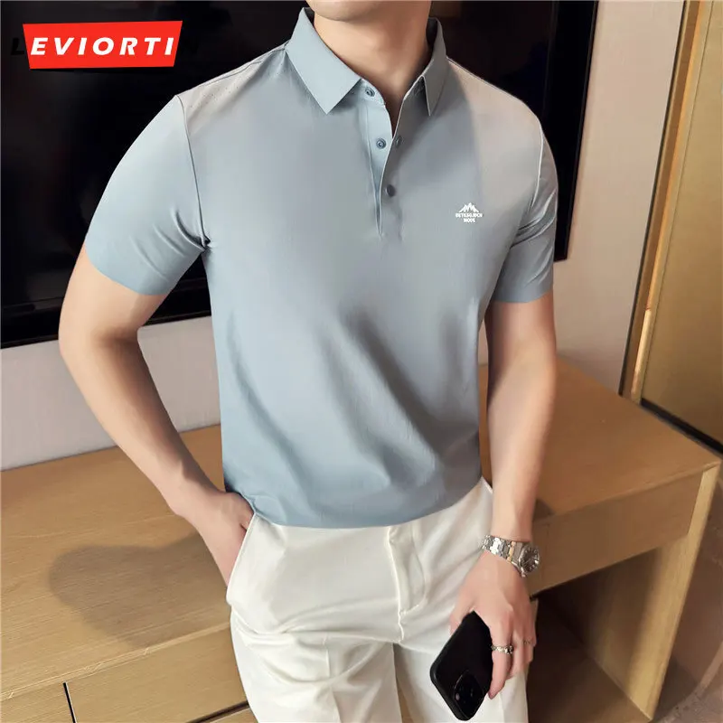 

2025 Мужская летняя модная универсальная повседневная деловая бесшовная однотонная футболка из ледяного шелка с лацканами и короткими рукавами, рубашка-поло