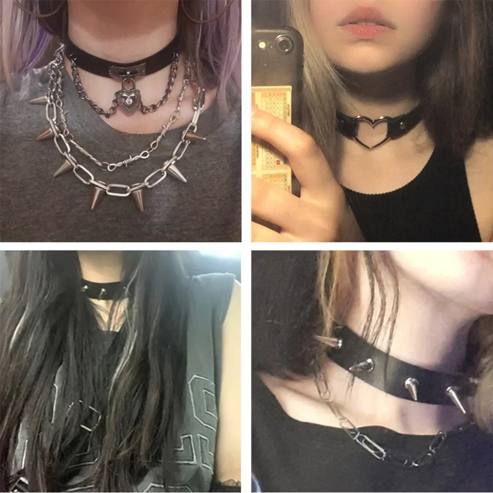 Harajuku Chocker Sexy Heart Lock Key Rivets Black Goth Punk Chokers Gothic Choker Necklace for Women Hip Hop Bondage Cosplay