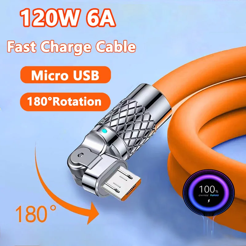 120W 6A Elbow Micro USB 180 °Rotate Liquid Silicone Cable For Samsung S3 S5 S6 Phone Cable Power Bank Usb Cord For Playing Game