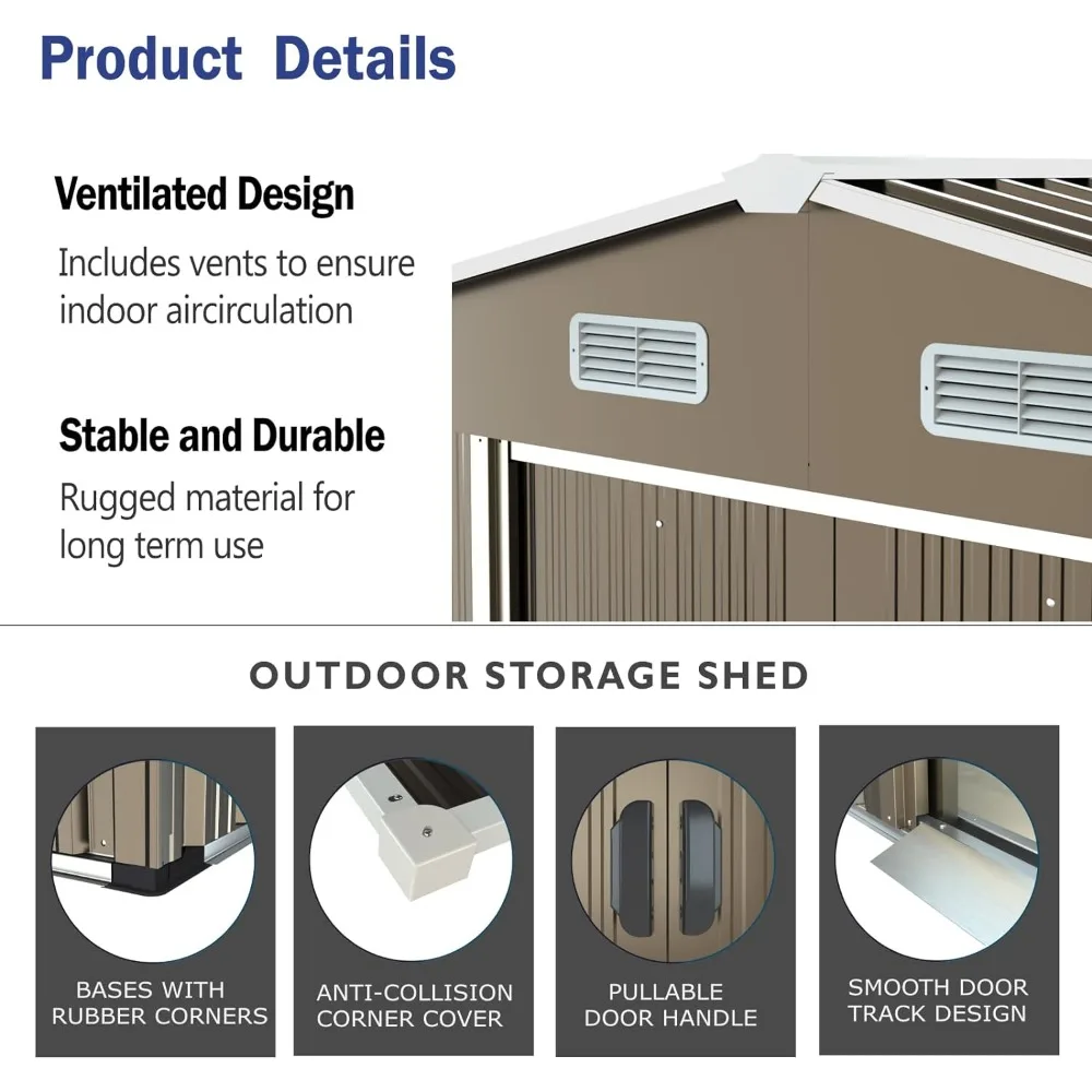 10'x8' Outdoor Storage Shed Outdoor Galvanized Metal Tool Shed with Vents & Sliding Door, Waterproof Garden Shed