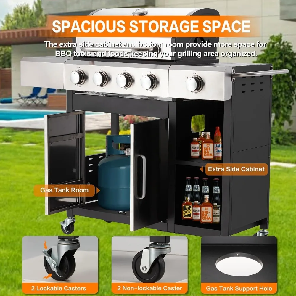 شواية غاز البروبان ذات 4 شعلات من الفولاذ المقاوم للصدأ مع موقد جانبي وخزانة، مخرج 49,000 وحدة حرارية بريطانية، وشبكات من الحديد الزهر المطلي بالخزف #6