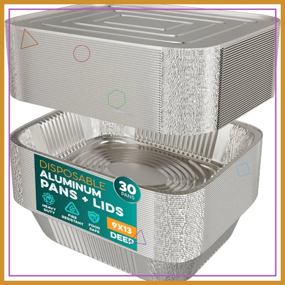 

30-Pack Disposable Aluminum Baking Pans with Lids, 9x13 Inch for Cooking and Serving